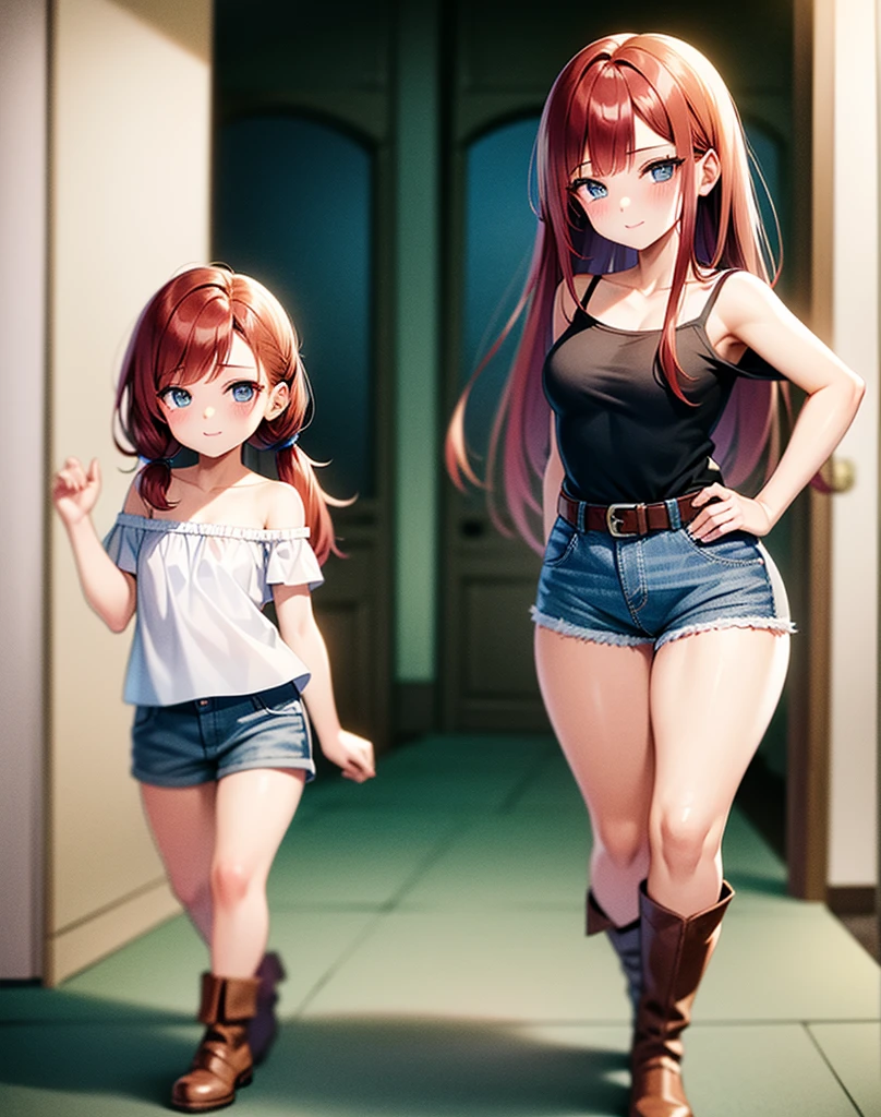 sexy young girl, long hair strong red hair, blue-eyed, Short white off-the-shoulder shirt, bright blue short jean shorts, mirada happy, happy, short brown boots, walking, con su hija pequeña de cabello gris blue-eyed