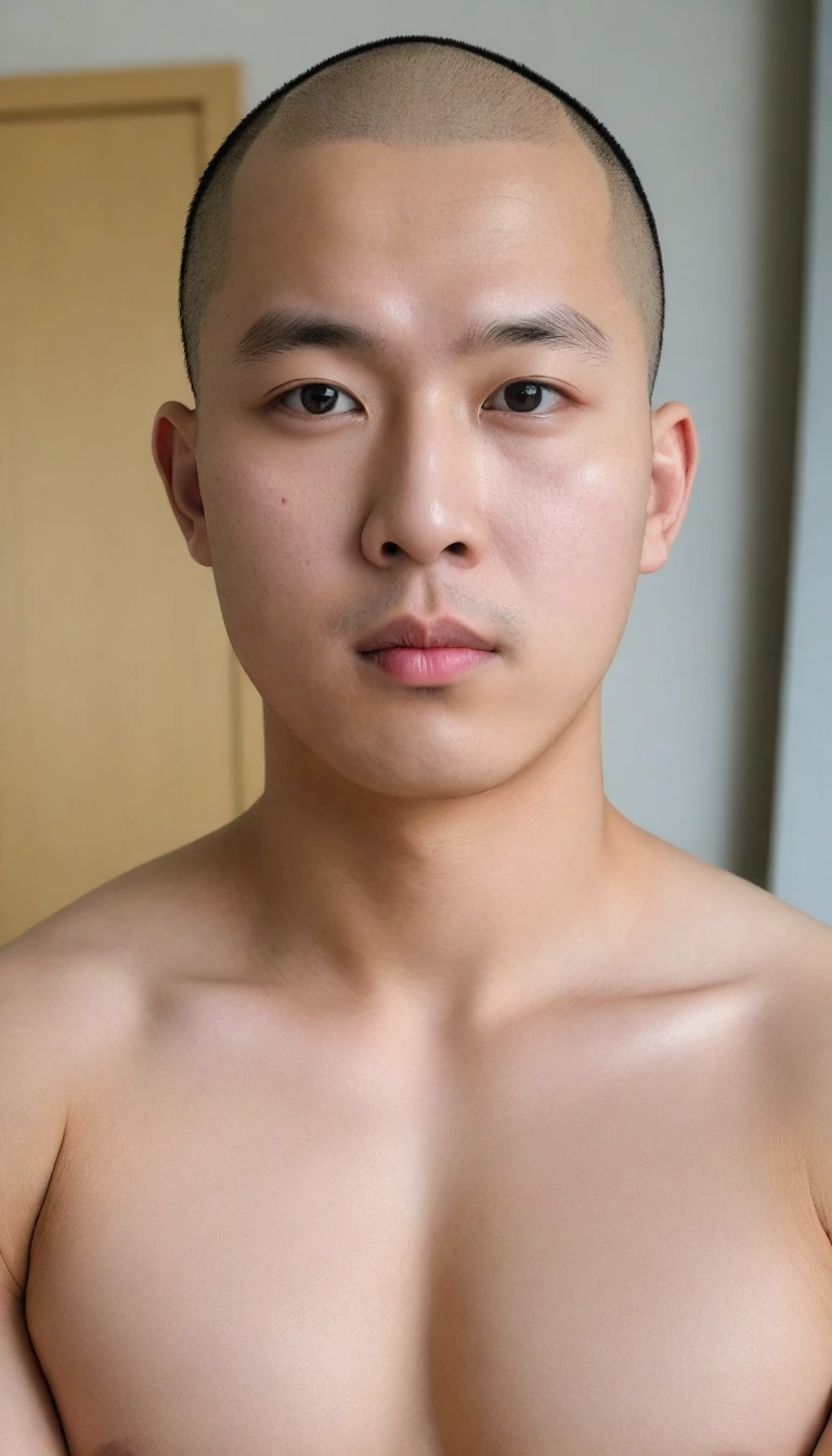 HIRO, Asian cute fat man, big eyes, bald head, round face,20 years old, very developed chest muscles, short chin, *********, tall man, looking at the camera, no coat, bare upper body, oriental man, front photo,