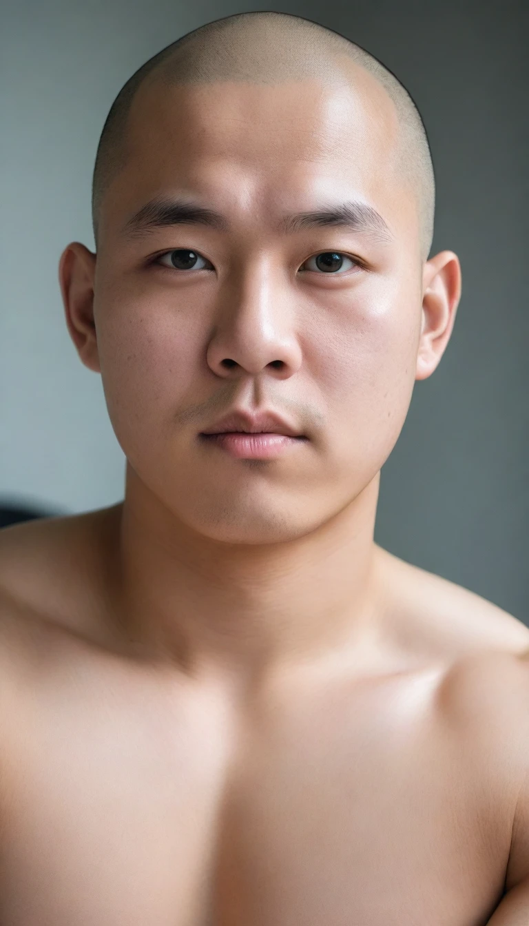 HIRO, Asian cute fat man, big eyes, bald head, round face,20 years old, very developed chest muscles, short chin, *********, tall man, looking at the camera, no coat, bare upper body, oriental man, front photo,