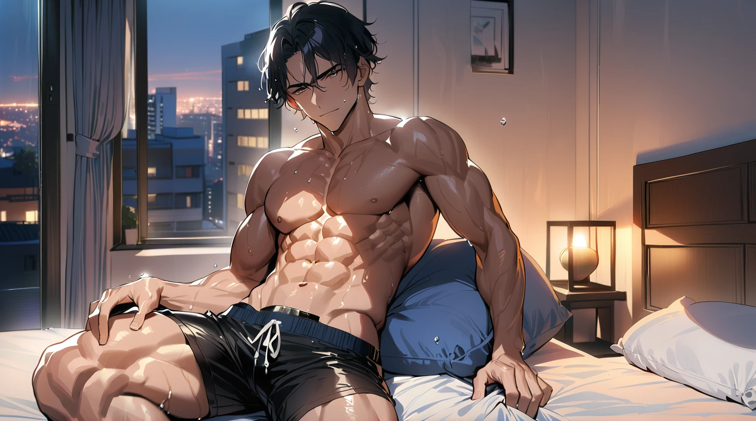 1 man, Handsome man, Fake laugh, Solitary, White skin, muscular, Muscle Man, High target, handsome guy, Big biceps, Abdominal muscles, thigh, Broad shoulders, Open the chest,, Black short hair, Wet, Wet hair, Shirtless, Sit on the bed and relax, Black shorts, Viewers Watching, high resolution:1.2, best quality, Upper body shooting, Flat style, Ambiguous room background, Low photographic angle, Volumetric Lighting, Depth of Field, shadow,Romantic environment