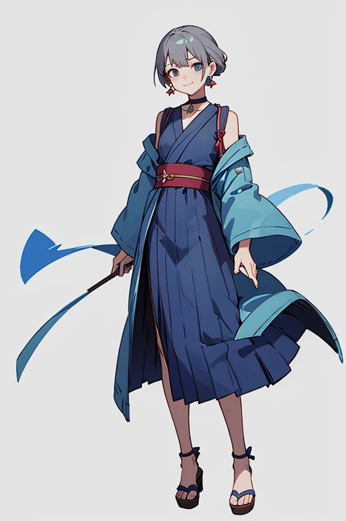 Blue Yukata、Gray Hair、Mischievous face、Choker on neck、Big earrings、Arms crossed、Only the mouth is smiling、Straw sandals、Choker on right leg、Shoulders are out(whole body、Are standing、、White background)