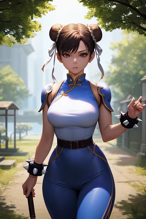 perfect eyes:1.2, detailed eyes:1.4, Chun Li, red eyeshadow:1.2, make up:1.2, belt, qipao, nature, tree, brown eyes, short hair, brown hair, double bun, bun cover, blue dr.Ess, pelvic curtain, spiked bracelet, white sash, red pants, cowboy shot, 1 girl, alone, (Masterpiece:1.6, best quality), 8k, crazy detail, intricate detail, hyper detailed, hyper quality, high detail, ultra detailed, professional, HDR, ray traced reflection, cinematic lighting,