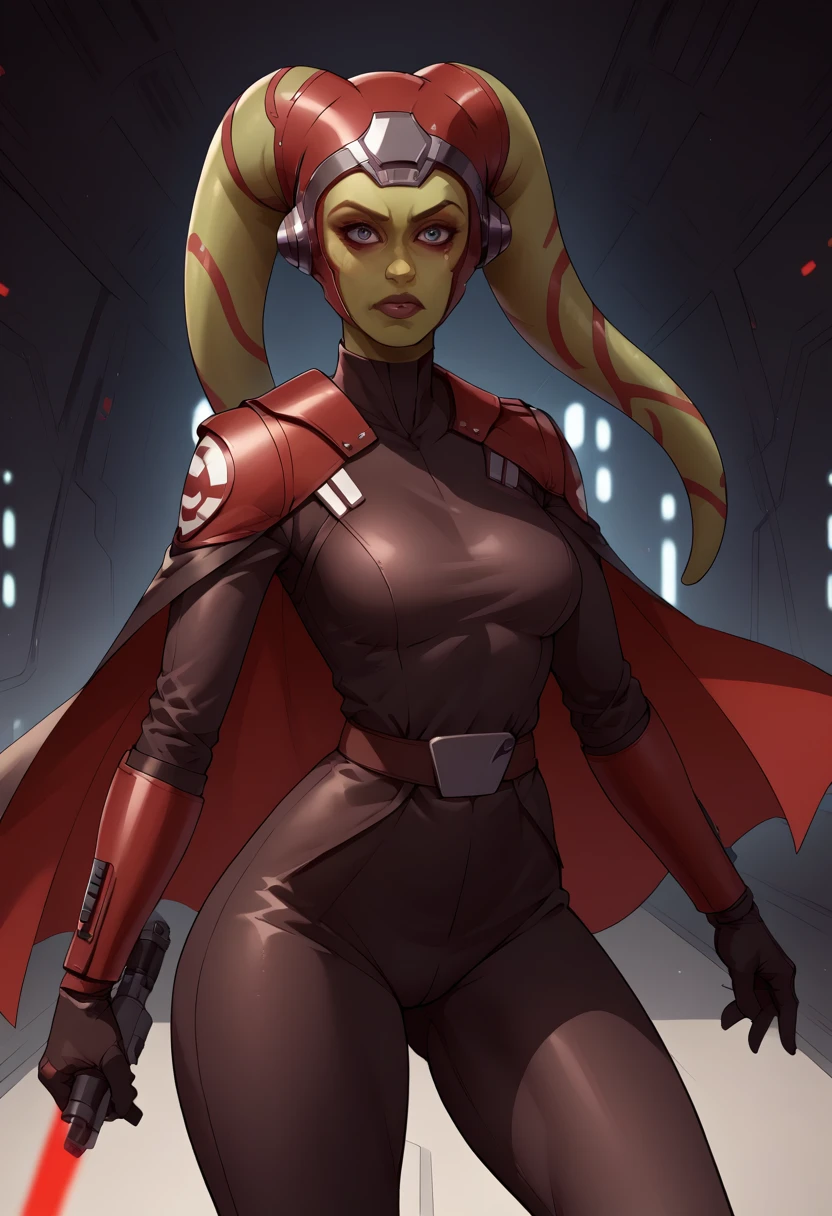 score_9, score_8_up, score_7_up, score_6_up, 2d, rating_questionable, rating_safe, BREAK ((green skin)) Female Twi'lek (((hera syndulla ))), helmet with red visor, star wars, armor,black gloves,tight bodysuit,black cape,black pants, close up, solo, standing, front view, medium breasts, wide hips, holding lightsaber, double edged, action pose, red blade, indoors, sith base, science fiction,
