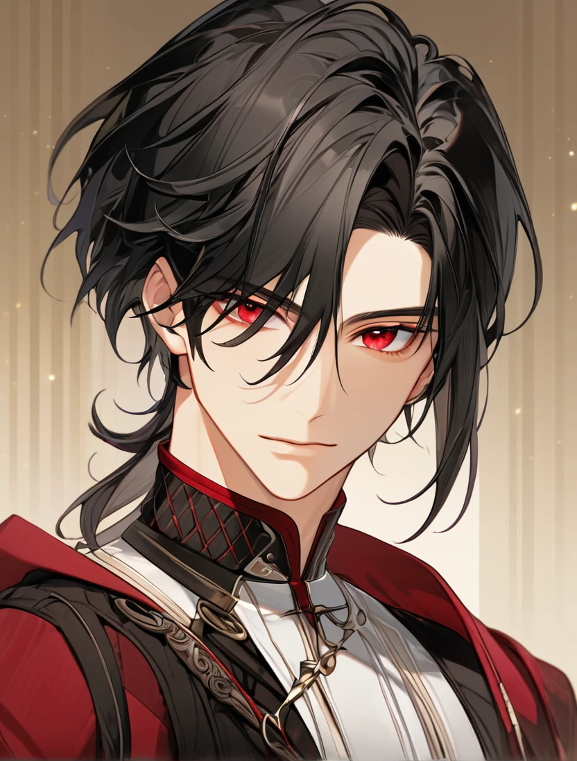 (Black_Hair), (red_ruby_eyes), (Handsome), (attractive), (male), (close_up_shot), (detailed_eyes), (detailed_hair), (clean_hair),  (vertical_pupils), (jawline), (wears_aristrocatic_outfit), (in_his_early_twenties) 