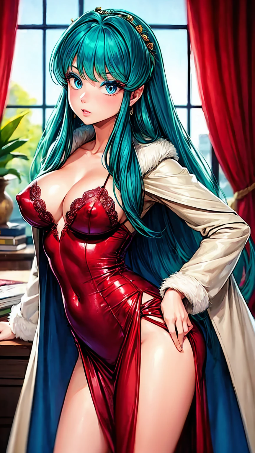 (score_9, score_8_up), score_7_up, 1girl, solo, lum, long hair, bangs, blue hair, blue eyes, aqua hair, eyeshadow, large breasts, looking at viewer, blush, long sleeves, dress, cleavage, jewelry, closed mouth, standing, collarbone, earrings, open clothes, day, artist name, indoors, blurry, covered nipples, lips, coat, fur trim, eyelashes, window, covered navel, makeup, blurry background, red dress, curtains, lace trim, lace, veins, open coat, lace-trimmed dress, retro, iwako, detmore,