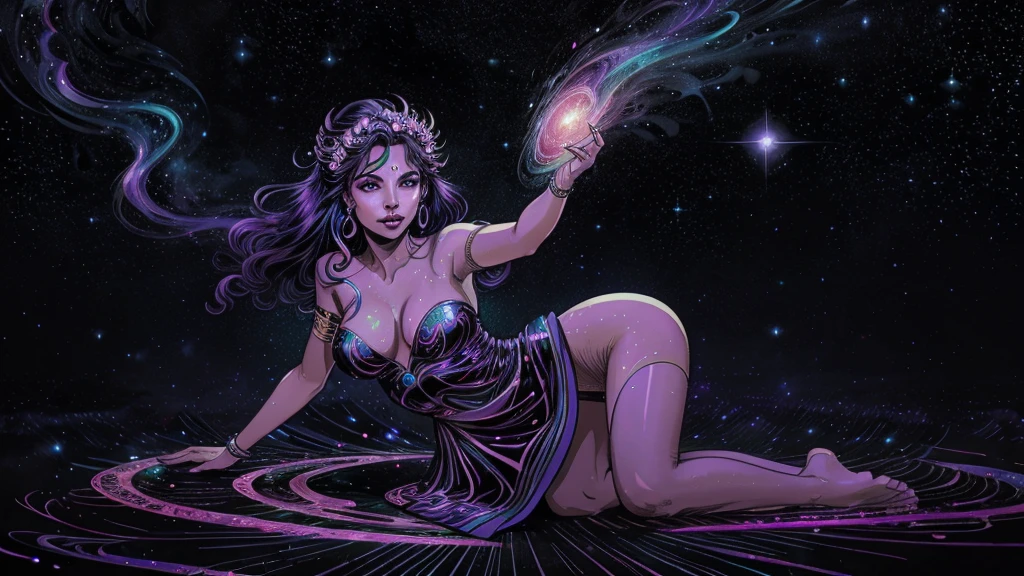 In a kaleidoscopic realm of swirling stardust and neon nebulae, the celestial enchantress Grace holds dominion. Her incandescent form outshines quasars, with obsidian tresses cascading down her silhouette. Smoldering indigo eyes and prismatic garments radiate the full spectrum across her curves. Diaphanous robes spiral in a chromatic vortex. Stardust crowns her as the mistress of chromatic allure. Her domain births dazzling realms of color, nurturing new celestial bodies with infinite potential. In this coruscating realm, the fully-clothed enchantress Grace reigns supreme, her allure fueling perpetual creation and rebirth. sexy body. sexy pose