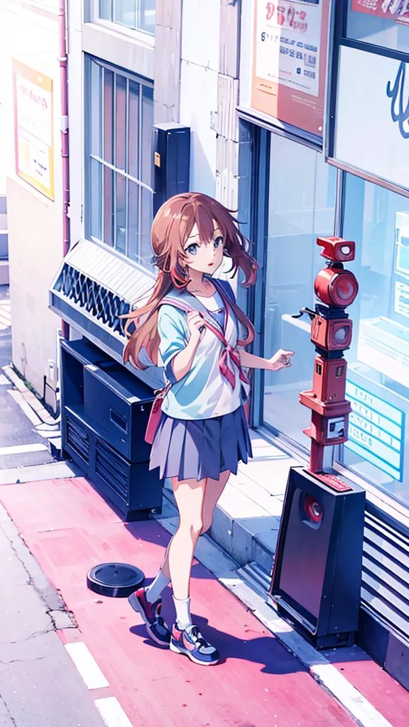 Cartoon character standing on the sidewalk in front of the building, Anime still filming shikishi anime, In the style of Kyoto animation, Kyoto Key Visual Animation, Kyoto anime animation pictures key, Today's featured anime is still there., Red themed anime movie style, A-1 Picture, Still from the TV anime, Kyoto Animation still exists, movie poster anime stills, Anime movies still exist