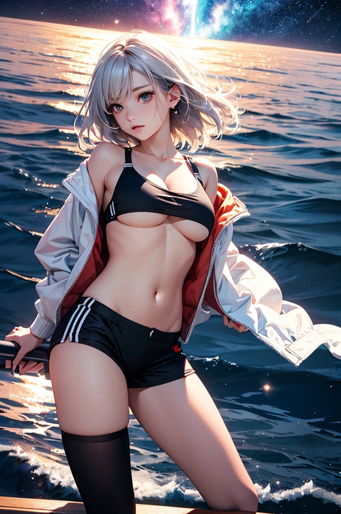 (masterpiece:1.5, Highest quality, Very detailed、 Dutch Angle、Realistic、2.5D、Realistic)(One Girl, Sports Girl)(Silver Hair:1.6,,short hair)(Sports Bra、Jacket:1.5、Shorts、tightedium breasts, Beautiful cleavage,underboob))(from backside),(Beautiful starry sky、Mystical Night、Particles of light float around the woman、Fantastic space、Ocean、On the boat)
