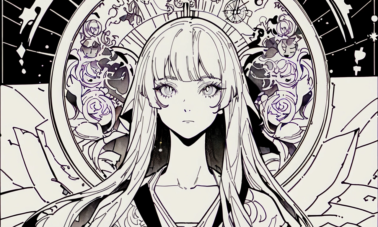 Drawing of a woman with long hair and a clock, 美しいLine art, 白黒のリニアart, 美しいLine art, Very thin ink strokes, 細部までこだわった公式art, 白地に黒のLine art, Artistically,No black discharge, Coloring book, 絶妙で非常に詳細なファンart, Black ink strokes, ファンタジーファンart, By Yoshihiko Wada, Art Nouveau Universe Show,art:Alphonse Mucha ,Airflow,Only the characters' lines and scenes lose their color....., No Shadow.,(masterpiece, Highest quality, High resolution:1.4), be familiar with, Detailed and complex, 10, Splashes of color, Line art, Fibonacci,