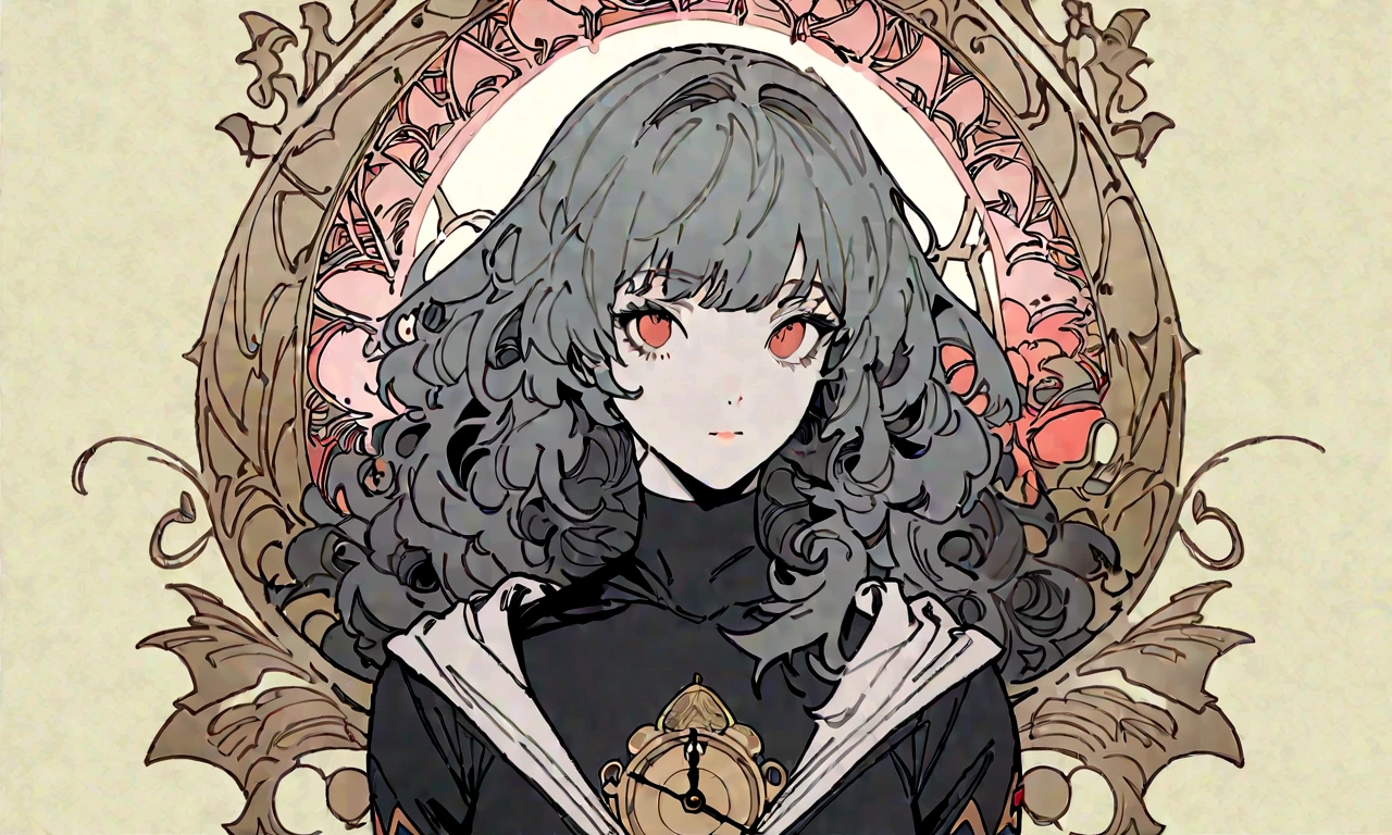 Drawing of a woman with long hair and a clock, 美しいLine art, 白黒のリニアart, 美しいLine art, Very thin ink strokes, 細部までこだわった公式art, 白地に黒のLine art, Artistically,No black discharge, Coloring book, 絶妙で非常に詳細なファンart, Black ink strokes, ファンタジーファンart, By Yoshihiko Wada, Art Nouveau Universe Show,art:Alphonse Mucha ,Airflow,Only the characters' lines and scenes lose their color....., No Shadow.,(masterpiece, Highest quality, High resolution:1.4), be familiar with, Detailed and complex, 10, Splashes of color, Line art, Fibonacci,