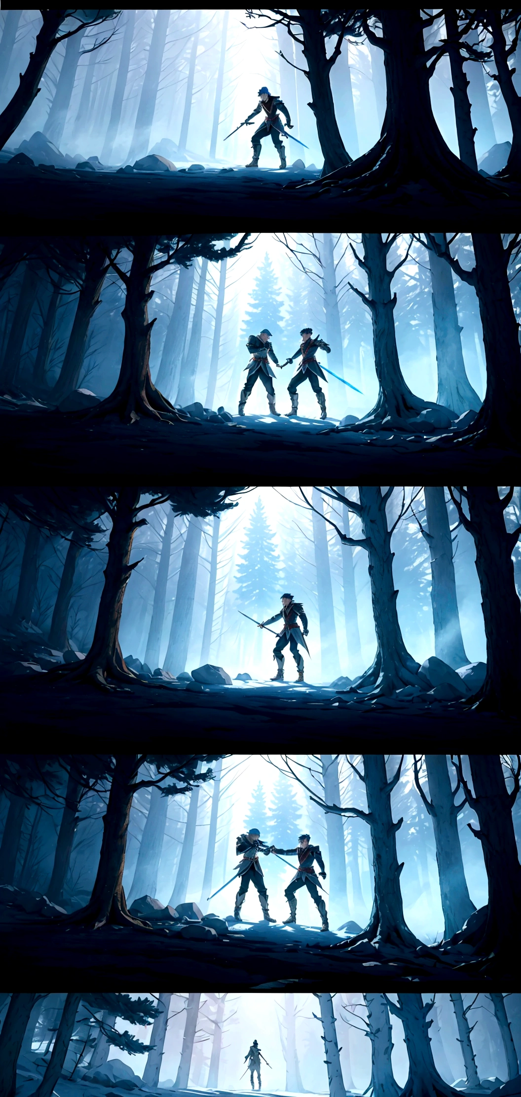 A sword fight between two men, epic anime scene, in a frozen forest environment, 4k resolution, detailed, highly realistic, dramatic lighting, vivid colors, cinematic composition, masterpiece, hyper detailed, photorealistic, sharp focus, physically-based rendering, studio lighting, professional art