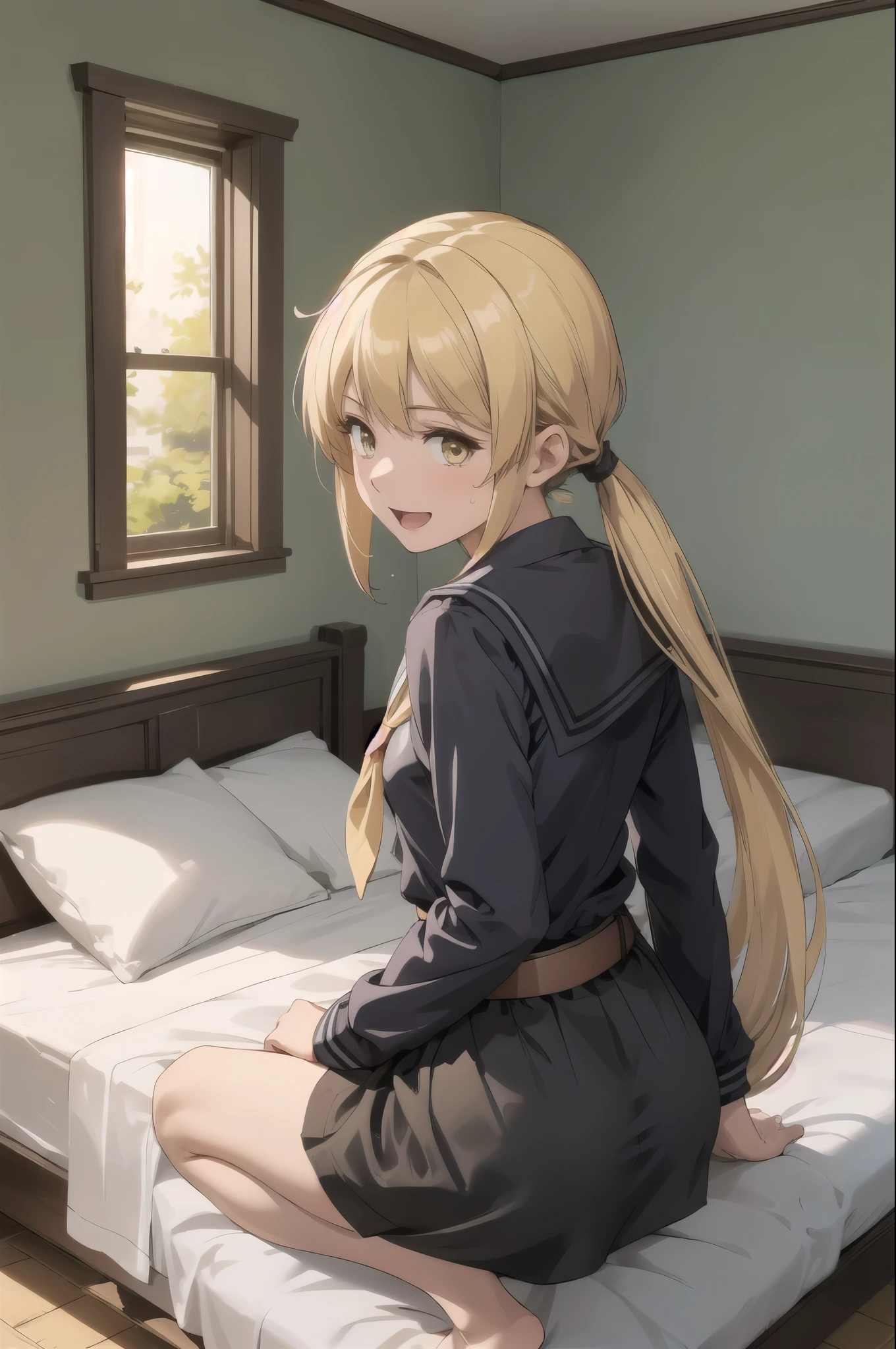 (masterpiece), (Highest quality), (Super detailed), ((Very delicate and beautiful)), One girl, 独奏, Satsuki, Blonde, Cowboy Shot, Black Sailor Suit, White neckerchief, Crescent Pin, (very long hair), smile, Flat Chest, belt, Black Skirt, Open your mouth, Sitting, on bed,  indoors, Detailed iris, young,  (Skirt Lift), (panties), With legs apart, Squat, From behind, Butt