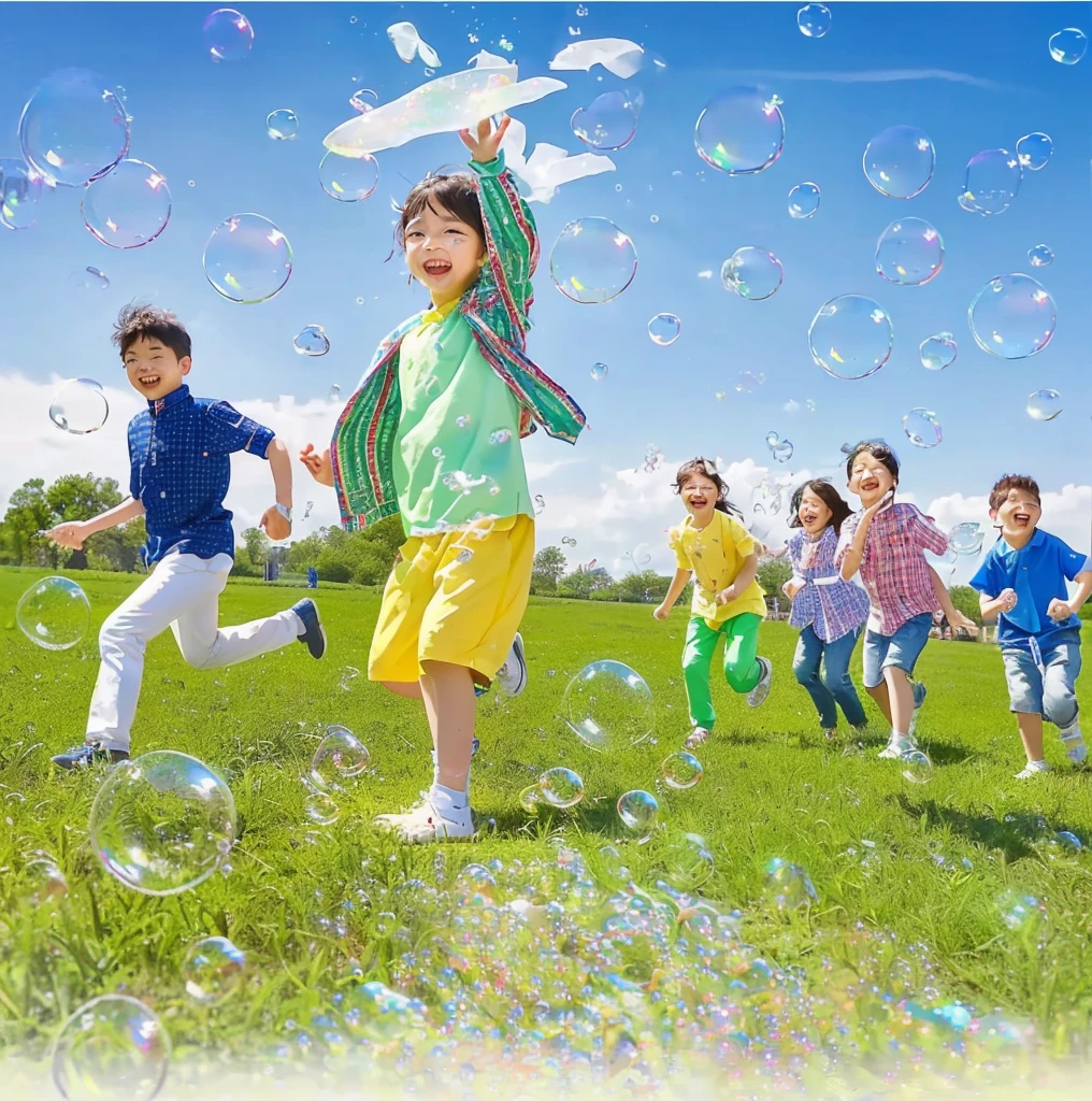 bubble, ren玩耍, Warm and convivial atmosphere, Have a great time, Have a great time, child Sharing photo, photo, Sunny Day, 大家都Have a great time, 