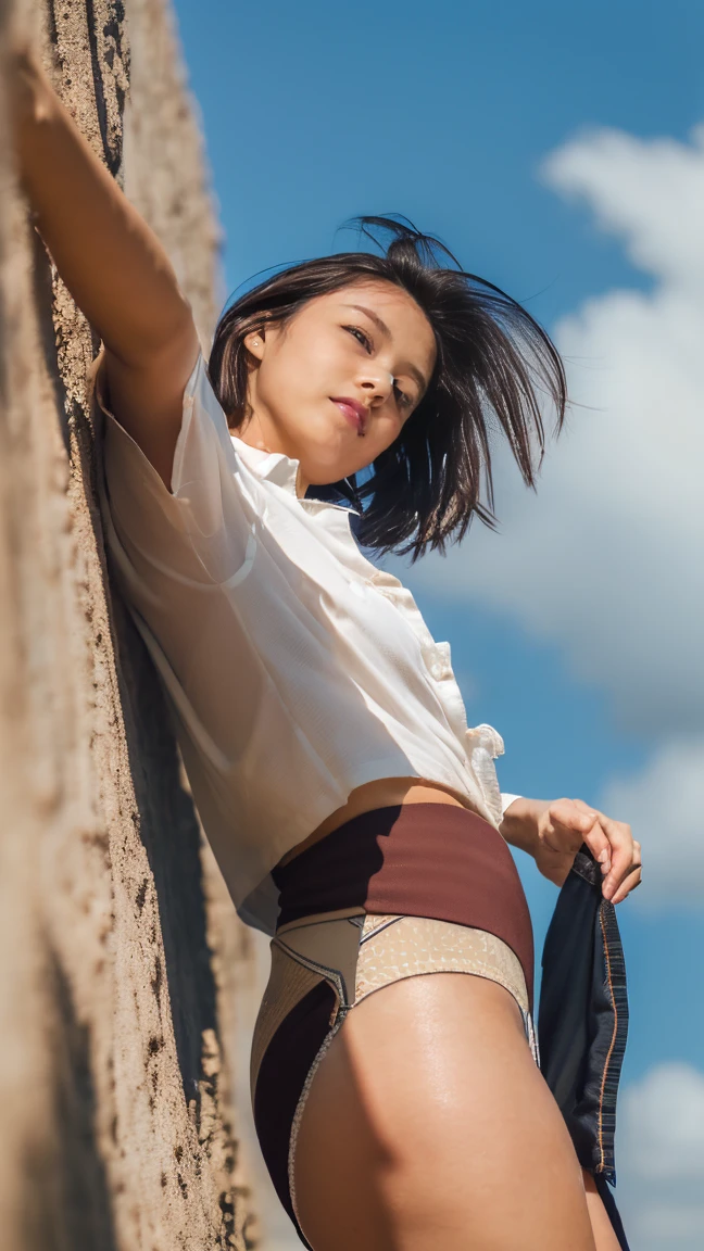 (((Low angle shooting、Looking into the camera:1.22,Leaning forward、Open shirt、No underwear)))、(((8k、highest quality、masterpiece、超A high resolution)))、(Realistic:1.4)、RAW Photos、(Real skin texture:1.3)、(Film Grain:1.3)、((Are standing、Skirt flutters in strong winds、Under the skirt、Do not bend your legs、Don'don't bend your knees、Spread your thighs、Beachside、))、One Girl、Beautiful and detailed eyes and face、masterpiece、highest quality、close、thin、Japanese Uniform、dynamic、barefoot、Mr.々A pose、