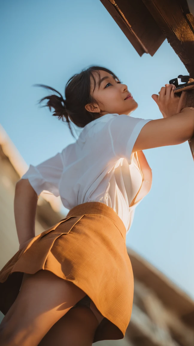(((Low angle shooting、Looking into the camera:1.22,Leaning forward、Open shirt、No underwear)))、(((8k、highest quality、masterpiece、超A high resolution)))、(Realistic:1.4)、RAW Photos、(Real skin texture:1.3)、(Film Grain:1.3)、((Are standing、Skirt flutters in strong winds、Under the skirt、Do not bend your legs、Don'don't bend your knees、Spread your thighs、Beachside、))、One Girl、Beautiful and detailed eyes and face、masterpiece、highest quality、close、thin、Japanese Uniform、dynamic、barefoot、Mr.々A pose、