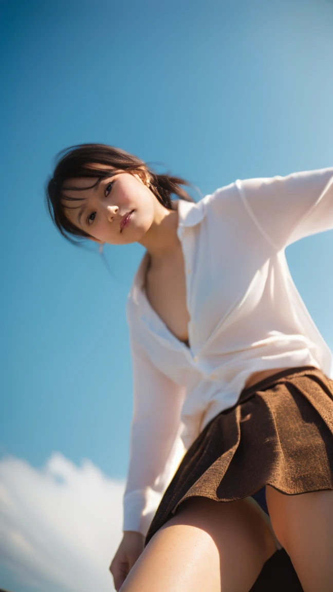 (((Low angle shooting、Looking into the camera:1.22,Leaning forward、Open shirt、No underwear)))、(((8k、highest quality、masterpiece、超A high resolution)))、(Realistic:1.4)、RAW Photos、(Real skin texture:1.3)、(Film Grain:1.3)、((Are standing、Skirt flutters in strong winds、Under the skirt、Do not bend your legs、Don'don't bend your knees、Spread your thighs、Beachside、))、One Girl、Beautiful and detailed eyes and face、masterpiece、highest quality、close、thin、Japanese Uniform、dynamic、barefoot、Mr.々A pose、