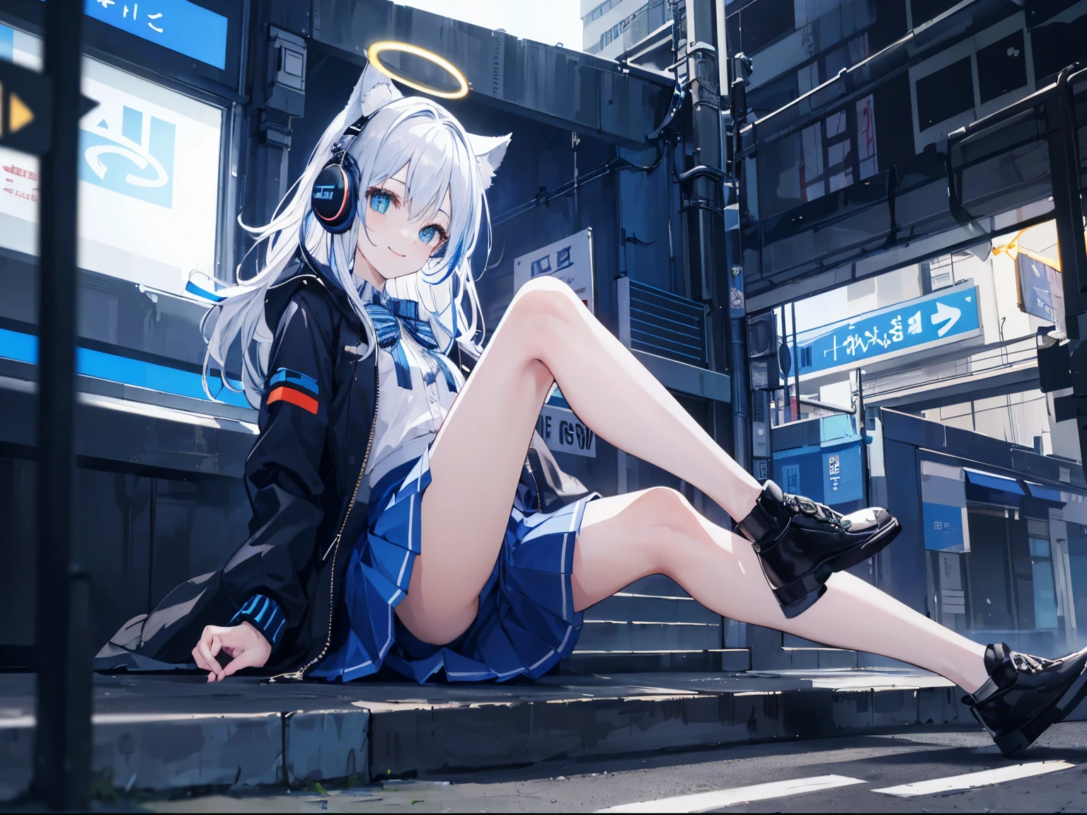 ((best quality)), ((masterpiece)), (detailed), Perfect face, individual, , Trendy style, Futuristic halo on head, (sit on the floor), Facing the camera, (Open your legs), futuristic clothing, Mechanical, ((Dark blue skirt with bright blue lace)), ((Black jacket with blue stripes)), JK short skirt, With cat ear headphones on the head, Smile, Background with city streets