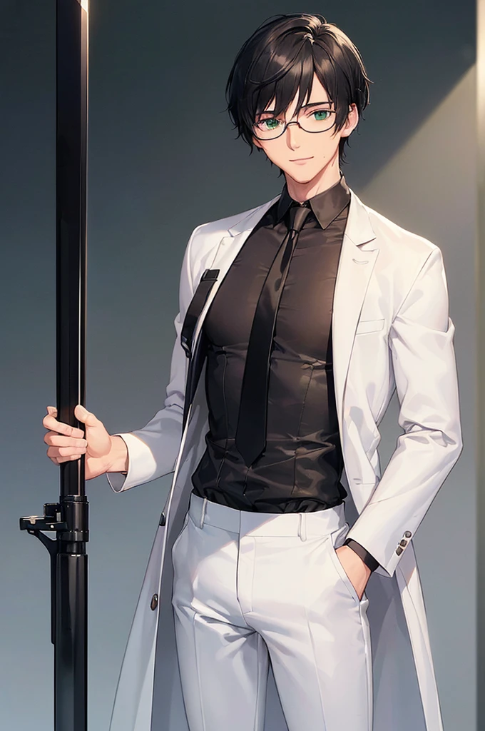(masterpiece; best quality: 1.2), (finely detailed eyes: 1.3), ((25 year old man)), ((solo)), (green eyes: 1.4), (body; lean, lithe, masculine: 1.3), (very short black hair: 1.3), (beautiful and clear background: 1.2), ((depth of field)), (equipment: white open labcoat + black shirt + white tie + white pants + black square glasses: 1.3), (anime illustration: 1.2), (background composition; japanese highschool classroom + furniture: 1.1), (extremely fine and handsome: 1.1), (shot composition; standing + centered on torso + close-up: 1.5), (expression; calm, smile: 1.2)
