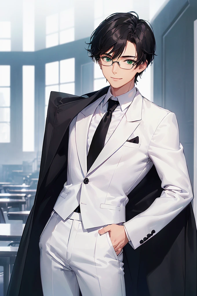 (masterpiece; best quality: 1.2), (finely detailed eyes: 1.3), ((25 year old man)), ((solo)), (green eyes: 1.4), (body; lean, lithe, masculine: 1.3), (very short black hair: 1.3), (beautiful and clear background: 1.2), ((depth of field)), (equipment: white open labcoat + black shirt + white tie + white pants + black square glasses: 1.3), (anime illustration: 1.2), (background composition; japanese highschool classroom + furniture: 1.1), (extremely fine and handsome: 1.1), (shot composition; standing + centered on torso + close-up: 1.5), (expression; calm, smile: 1.2)