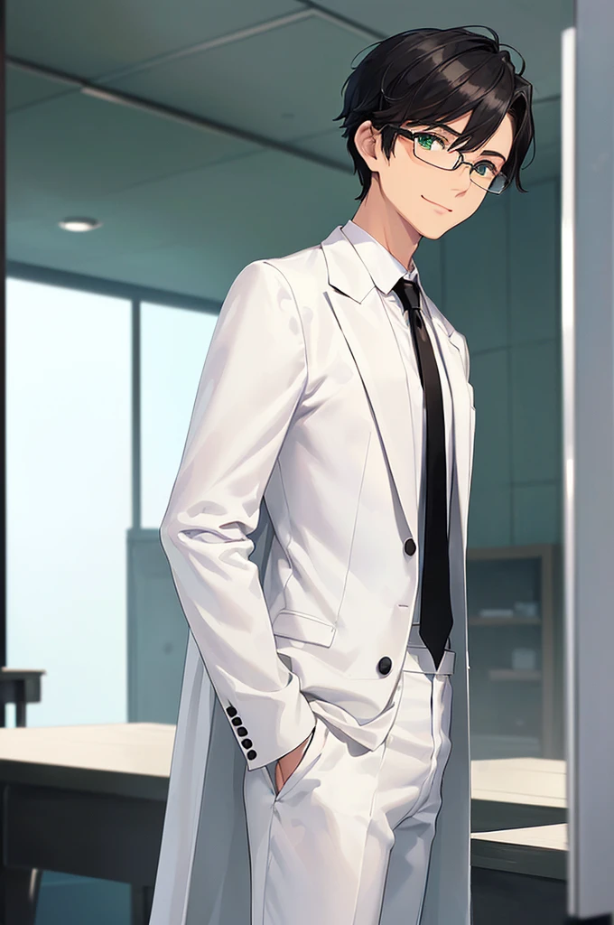 (masterpiece; best quality: 1.2), (finely detailed eyes: 1.3), ((25 year old man)), ((solo)), (green eyes: 1.4), (body; lean, lithe, masculine: 1.3), (very short black hair: 1.3), (beautiful and clear background: 1.2), ((depth of field)), (equipment: white open labcoat + black shirt + white tie + white pants + black square glasses: 1.3), (anime illustration: 1.2), (background composition; japanese highschool classroom + furniture: 1.1), (extremely fine and handsome: 1.1), (shot composition; standing + centered on torso + close-up: 1.5), (expression; calm, smile: 1.2)