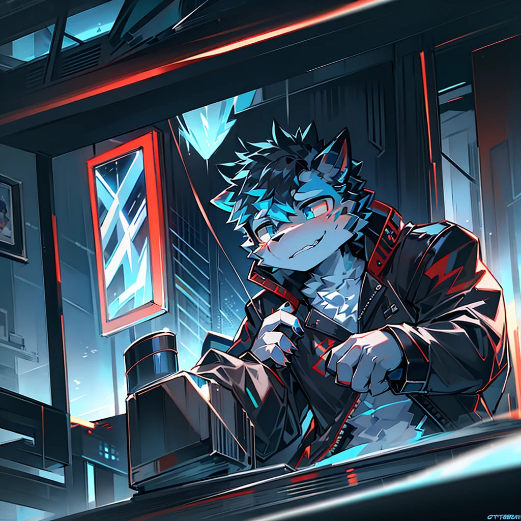 cybermetropolis,thunder,drifting snow,male mechanical blue and white dargon,red stripes on the face, black leather jacket,firmament,Show