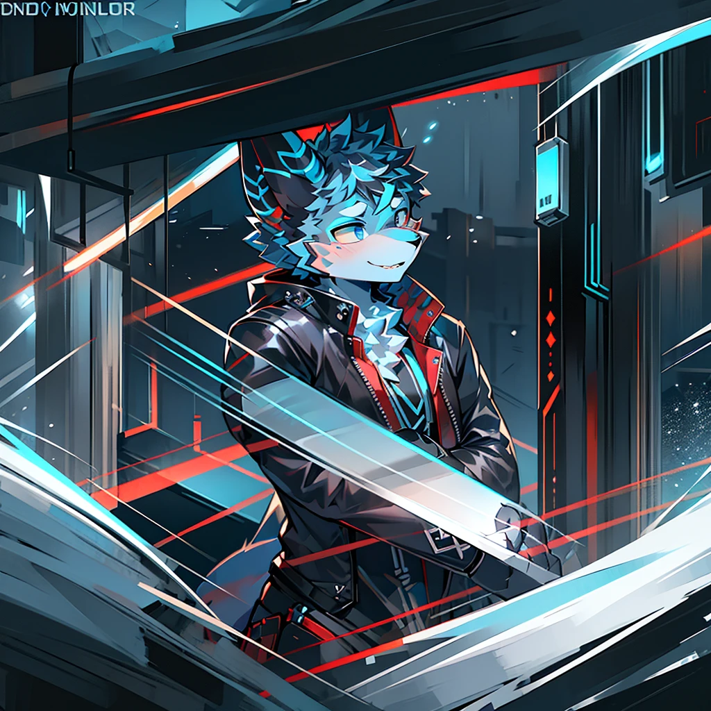 cybermetropolis,thunder,drifting snow,male mechanical blue and white dargon,red stripes on the face, black leather jacket,firmament,Show