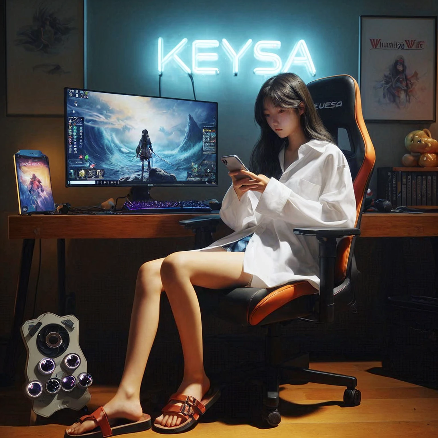 An 18-year-old Korean girl, wearing an oversized white shirt and sandals, sits on a gaming chair while holding a phone facing forward. A computer on the table beside her displays the game Wuthering Waves. The background is a gaming room with neon lights that spell "Keysa." Realistic image, UHD, masterpiece, 4K.
