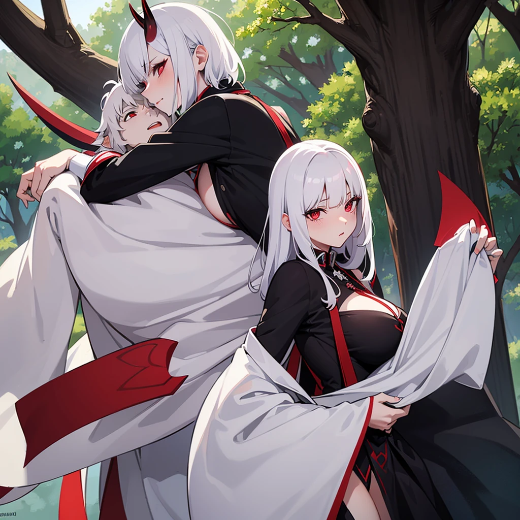 A she-devil with white hair and red eyes, slanted white skin, a long-sleeved silk shirt with black white stripes, huge breasts and a big ass with small red horns, blushing with a tree house background and with a black-haired teenage boy. man 