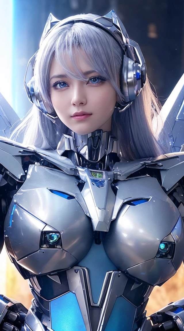 ((Extreme close up:1.6))、(((Lenses shining on both breasts:1.3)))、((A blue pillar of light emanates from both of his chests..:1.3))、break、(((Dynamic pose:1.8)))、smile、((8K)), ((32k)), ((Highest quality)), ((masterpiece)), ((超A high resolution)), ((Tmasterpiece)), ((Halation:1.4))、((Mechaニカルheadgear:1.2))、((Cyber Headphones:1.3))Fine skin, High quality fabric, High-quality metal texture、((Beautiful and dense face))、RAW Photos、Professional, Ultra-fine painting, ((alone)), Beautiful breasts、Highest quality, Very detailed, Very detailed詳細, Finer details, so beautiful, ((Princess Knight Robot:1.2)), (Joint of the machine, Mechanical Limbs:1.3), (The internal structure of the machine is exposed:1.3), (Long silver hair:1.1), (Beautiful and huge mechanical breasts)、White Veil, cowboy_shot, Side Focus, headgear, Shiny、(Five Fingers, Four fingers and thumb),Concept Art, Anime fantasy artwork, Detailed fantasy art, (with pale blue-violet hair and large white wings,,,,,,,,), (((Long silver hair))), (Mecha:1.6)、Sleek and intimidating design, ((Commander-in-Chief'arm)), (Perfect robot body)、純白と青紫のarmまたは, Symmetrical wings, 8K High Resolution, Detailed Art, 3D rendering of character art in 8K, neat legs, Defined, Defined fingers,((headshot:1.3))