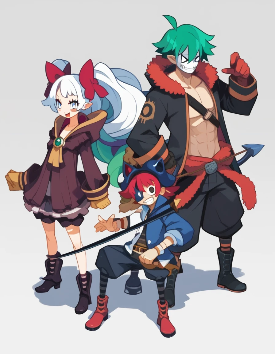Group photo. ((5 personajes juntos)) (girl dressed in red, shorts and boots, bow and arrow, hood and a mask). (space pirate girl with green hair with black skirt and stockings). (athletic boy with green hair and soccer costume). (demon boy with white hair, white eyes and pirate outfit). (girl with white hair, oversized t-shirt, white legs, boots and clown makeup). (boy with long blue hair and warrior clothing).