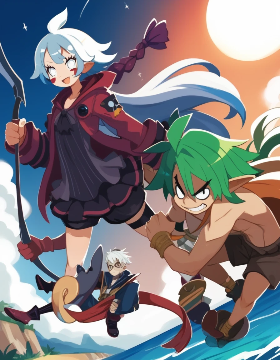 Group photo. ((5 personajes juntos)) (girl dressed in red, shorts and boots, bow and arrow, hood and a mask). (space pirate girl with green hair with black skirt and stockings). (athletic boy with green hair and soccer costume). (demon boy with white hair, white eyes and pirate outfit). (girl with white hair, oversized t-shirt, white legs, boots and clown makeup). (boy with long blue hair and warrior clothing).