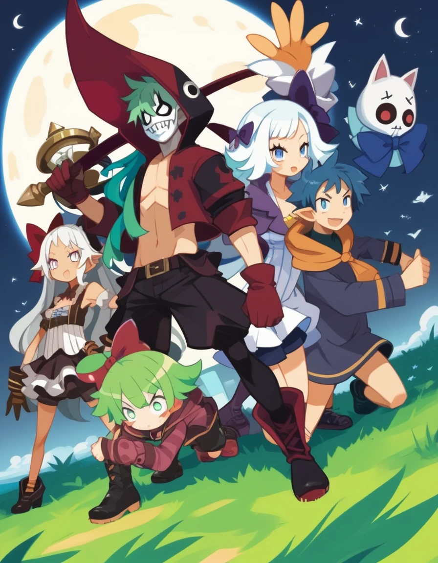 Group photo. ((5 personajes juntos)) (girl dressed in red, shorts and boots, bow and arrow, hood and a mask). (space pirate girl with green hair with black skirt and stockings). (athletic boy with green hair and soccer costume). (demon boy with white hair, white eyes and pirate outfit). (girl with white hair, oversized t-shirt, white legs, boots and clown makeup). (boy with long blue hair and warrior clothing).