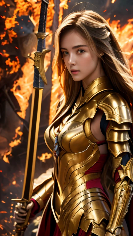 super impressive realistic photo at maximal core, close-up, the most beautiful european white girl with a beautiful flawles face from the care of the world's best dermatologist, beautiful hairstyles from the world's best hairdressers, intricate detailed armor, beautiful woman, strong, sword, fire sword, masterpiece, best quality, crisp detail, high definition, high detail))), 17 years old girl wearing golden armor, japan style heavy armor, full body armor, long straight haie, carnage, holding japan fire sword, in epic war, fire and smoke everywhere, death anywhere