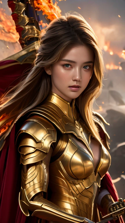 (Best Quality,hight resolution,Masterpiece:1.2),HDR,Ultra-detailed,Realistic,Photorealistic:1.37, Girl with long hair, red eyes, solo, white long dress, Irelia, looking at the viewer, white colored hair, bronya, lips, corner, symmetric eyes, medieval background, Chinese, Ancient battlefield, Chinese female general, holding a sword in her hand, Serious expression, whole body, Stunning facial features, Red robe, armor, boots, Yellow sand flying in the sky, Fire, game model, stunning lighting, oc rendering, Film Rim Light, exquisite lighting, Ultra Detailed, Epic creation, Ultra HD, best quality, masterpiece, high quality, 8K