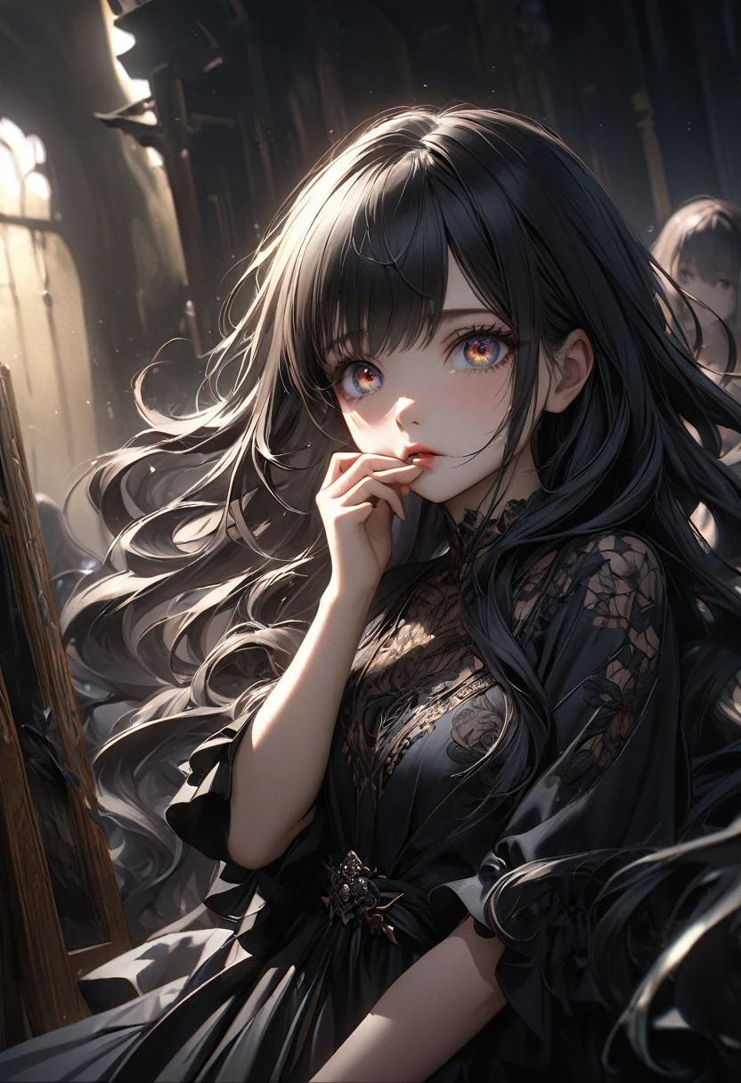 Full Body View, Elevation, Beautiful attention to detail, Beautiful lip detail, Highly detailed eyes and face, Long eyelashes, beautiful and cute young girl, Princess of the Underworld, dark表情, Depressed face, look up, Put your hand over your mouth, White and black gradient hair, Through the bangs, Flowing Hair, Orange decorated with black roses黒人の薄いベール, Orange decorated with black roses、Very beautiful black dress, dark地下世界の背景, (Highest quality,16K,High resolution,masterpiece:1.2),Super detailed,(Ultra-realistic,Photorealistic:1.37),High resolution,超High resolution,Studio Lighting,Ultra-fine painting,Sharp focus,Physically Based Rendering,Very detailed explanation,Professional,Vibrant colors,Japanese anime style,Dramatic lighting,Chiaroscuro,mysterious,melancholy,dark,Surreal,Fantasy,The background has a dark atmosphere