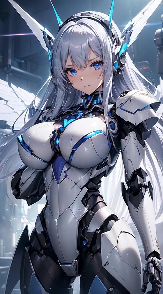 ((Intense action pose:1.6))、((Shining lenses on both breasts:1.3))、((Blue pillars of light are emanating from both chests.:1.3))、smile、((8K)), ((32k)), ((Highest quality)), ((masterpiece)), ((超A high resolution)), ((Tmasterpiece)), ((Halation:1.4))、((Mechaニカルheadgear:1.2))、((Cyber Headphones:1.3))、Fine skin, High quality fabric, Fine metal texture、((Beautiful and dense face))、RAW Photos、Professional, Ultra-fine painting, ((alone)), Beautiful breasts、Highest quality, Very detailed, Very detailed詳細, Finer details, so beautiful, ((Princess Knight Robot:1.2)), (Joints of machines, Mechanical Limbs:1.3), (The internal structure of the machine is exposed:1.3), (Long silver hair:1.1), (Beautiful and huge mechanical breasts)、White Veil, cowboy_shot, Side Focus, headgear, Shiny、(Five Fingers, Four fingers and thumb),Concept Art, Anime fantasy artwork, Detailed fantasy art, (with pale blue-violet hair and large white wings,,,,,,,), (((Long silver hair))), (Mecha:1.6)、Sleek and intimidating design, ((Commander-in-Chief'arm)), (Perfect robot body)、純白と青紫armまたは, Symmetrical wings, 8K high quality, detailed art, 3D rendering of character art in 8K, neat legs, Defined, Defined fingers,