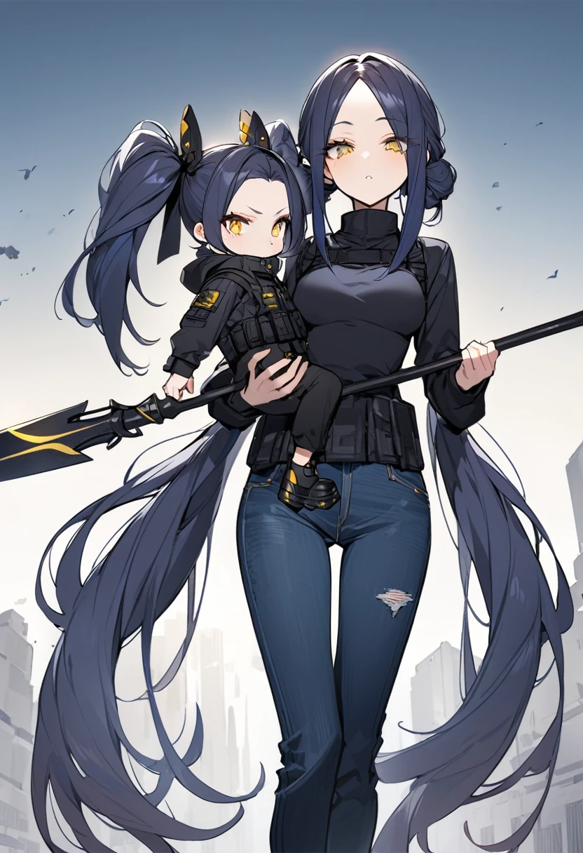 (One very tall woman,Dark navy blue hair,Her hairstyle is twin tails that expose her forehead.,Medium chest,yellow eyes)Black Techwear,Jeans pants,carrying a Japanese long spear on one&#39;s shoulder,Background is a Japanese mansion at night,Shading