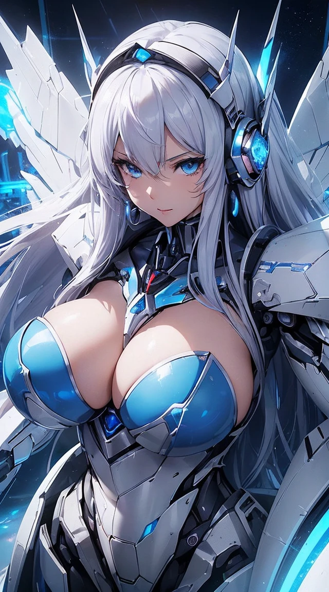 ((Extreme close up:1.6))、(((Lenses shining on both breasts:1.3)))、((A blue pillar of light emanates from both of his chests..:1.3))、break、(((Dynamic pose:1.8)))、smile、((8K)), ((32k)), ((Highest quality)), ((masterpiece)), ((超A high resolution)), ((Tmasterpiece)), ((Halation:1.4))、((Mechaニカルheadgear:1.2))、((Cyber Headphones:1.3))Fine skin, High quality fabric, High-quality metal texture、((Beautiful and dense face))、RAW Photos、Professional, Ultra-fine painting, ((alone)), Beautiful breasts、Highest quality, Very detailed, Very detailed詳細, Finer details, so beautiful, ((Princess Knight Robot:1.2)), (Joint of the machine, Mechanical Limbs:1.3), (The internal structure of the machine is exposed:1.3), (Long silver hair:1.1), (Beautiful and huge mechanical breasts)、White Veil, cowboy_shot, Side Focus, headgear, Shiny、(Five Fingers, Four fingers and thumb),Concept Art, Anime fantasy artwork, Detailed fantasy art, (with pale blue-violet hair and large white wings,,,,,,,,), (((Long silver hair))), (Mecha:1.6)、Sleek and intimidating design, ((Commander-in-Chief'arm)), (Perfect robot body)、純白と青紫のarmまたは, Symmetrical wings, 8K High Resolution, Detailed Art, 3D rendering of character art in 8K, neat legs, Defined, Defined fingers,((headshot:1.3))