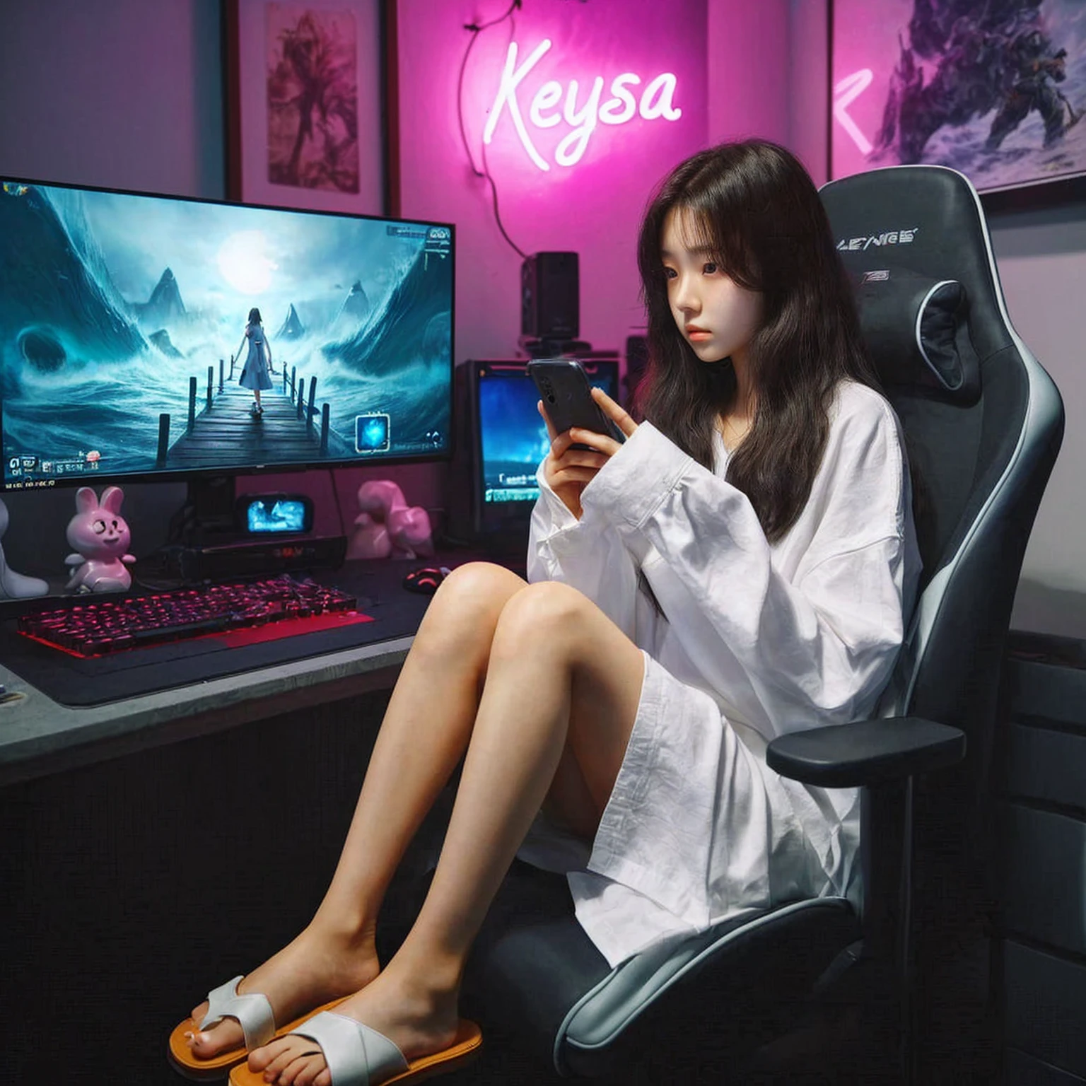 An 18-year-old Korean girl, wearing an oversized white shirt and sandals, sits on a gaming chair while holding a phone facing forward. A computer on the table beside her displays the game Wuthering Waves. The background is a gaming room with neon lights that spell "Keysa." Realistic image, UHD, masterpiece, 4K.