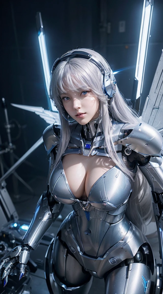 ((Intense action pose:1.6))、((Shining lenses on both breasts:1.3))、((Blue pillars of light are emanating from both chests.:1.3))、smile、((8K)), ((32k)), ((Highest quality)), ((masterpiece)), ((超A high resolution)), ((Tmasterpiece)), ((Halation:1.4))、((Mechaニカルheadgear:1.2))、((Cyber Headphones:1.3))、Fine skin, High quality fabric, Fine metal texture、((Beautiful and dense face))、RAW Photos、Professional, Ultra-fine painting, ((alone)), Beautiful breasts、Highest quality, Very detailed, Very detailed詳細, Finer details, so beautiful, ((Princess Knight Robot:1.2)), (Joints of machines, Mechanical Limbs:1.3), (The internal structure of the machine is exposed:1.3), (Long silver hair:1.1), (Beautiful and huge mechanical breasts)、White Veil, cowboy_shot, Side Focus, headgear, Shiny、(Five Fingers, Four fingers and thumb),Concept Art, Anime fantasy artwork, Detailed fantasy art, (with pale blue-violet hair and large white wings,,,,,,,), (((Long silver hair))), (Mecha:1.6)、Sleek and intimidating design, ((Commander-in-Chief'arm)), (Perfect robot body)、純白と青紫armまたは, Symmetrical wings, 8K high quality, detailed art, 3D rendering of character art in 8K, neat legs, Defined, Defined fingers,
