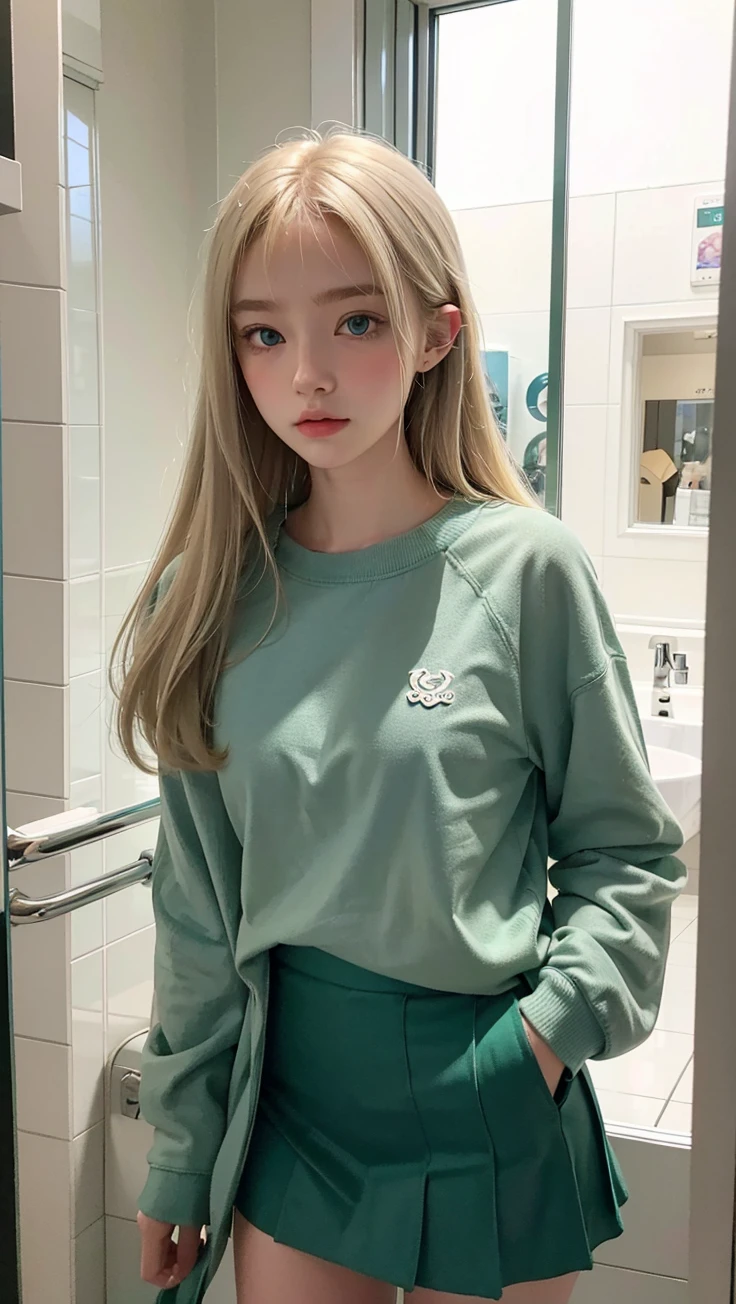 Pale blonde teenage girl with bangs, shiny silky hair, and blue-green eyes with a long green sweatshirt and a mini skirt taking photos in the bathroom mirror at the mall with her iPhone 14