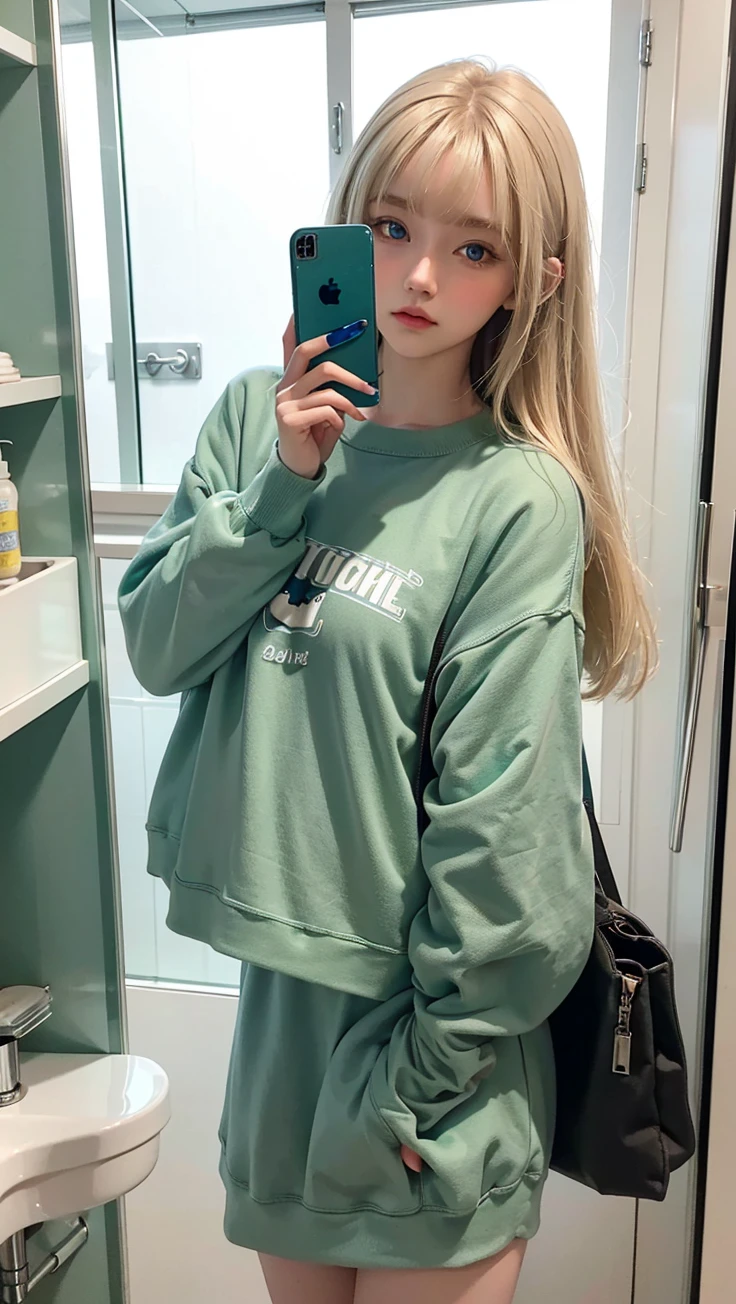Pale blonde age girl with bangs, shiny silky hair, and blue-green eyes with a long green sweatshirt and a mini skirt taking photos in the bathroom mirror at the mall with her iPhone 14