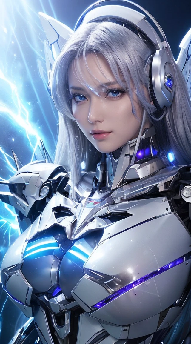 ((Extreme close up:1.6))、(((Lenses shining on both breasts:1.3)))、((A blue pillar of light emanates from both of his chests..:1.3))、break、(((Dynamic pose:1.8)))、smile、((8K)), ((32k)), ((Highest quality)), ((masterpiece)), ((超A high resolution)), ((Tmasterpiece)), ((Halation:1.4))、((Mechaニカルheadgear:1.2))、((Cyber Headphones:1.3))Fine skin, High quality fabric, High-quality metal texture、((Beautiful and dense face))、RAW Photos、Professional, Ultra-fine painting, ((alone)), Beautiful breasts、Highest quality, Very detailed, Very detailed詳細, Finer details, so beautiful, ((Princess Knight Robot:1.2)), (Joint of the machine, Mechanical Limbs:1.3), (The internal structure of the machine is exposed:1.3), (Long silver hair:1.1), (Beautiful and huge mechanical breasts)、White Veil, cowboy_shot, Side Focus, headgear, Shiny、(Five Fingers, Four fingers and thumb),Concept Art, Anime fantasy artwork, Detailed fantasy art, (with pale blue-violet hair and large white wings,,,,,,,,), (((Long silver hair))), (Mecha:1.6)、Sleek and intimidating design, ((Commander-in-Chief'arm)), (Perfect robot body)、純白と青紫のarmまたは, Symmetrical wings, 8K High Resolution, Detailed Art, 3D rendering of character art in 8K, neat legs, Defined, Defined fingers,((headshot:1.3))