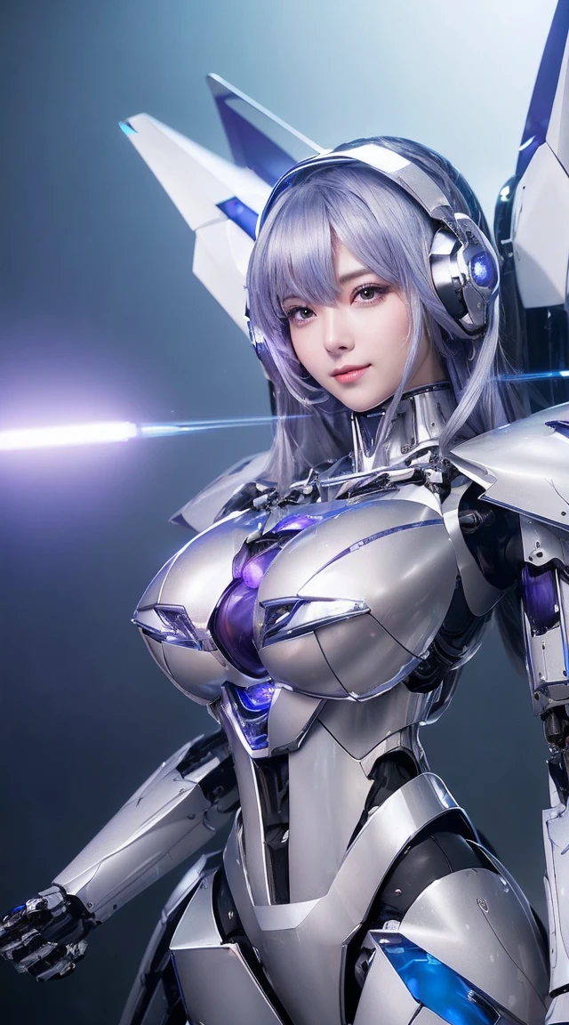 ((Intense action pose:1.6))、((Shining lenses on both breasts:1.3))、((Blue pillars of light are emanating from both chests.:1.3))、smile、((8K)), ((32k)), ((Highest quality)), ((masterpiece)), ((超A high resolution)), ((Tmasterpiece)), ((Halation:1.4))、((Mechaニカルheadgear:1.2))、((Cyber Headphones:1.3))、Fine skin, High quality fabric, Fine metal texture、((Beautiful and dense face))、RAW Photos、Professional, Ultra-fine painting, ((alone)), Beautiful breasts、Highest quality, Very detailed, Very detailed詳細, Finer details, so beautiful, ((Princess Knight Robot:1.2)), (Joints of machines, Mechanical Limbs:1.3), (The internal structure of the machine is exposed:1.3), (Long silver hair:1.1), (Beautiful and huge mechanical breasts)、White Veil, cowboy_shot, Side Focus, headgear, Shiny、(Five Fingers, Four fingers and thumb),Concept Art, Anime fantasy artwork, Detailed fantasy art, (with pale blue-violet hair and large white wings,,,,,,,), (((Long silver hair))), (Mecha:1.6)、Sleek and intimidating design, ((Commander-in-Chief'arm)), (Perfect robot body)、純白と青紫armまたは, Symmetrical wings, 8K high quality, detailed art, 3D rendering of character art in 8K, neat legs, Defined, Defined fingers,