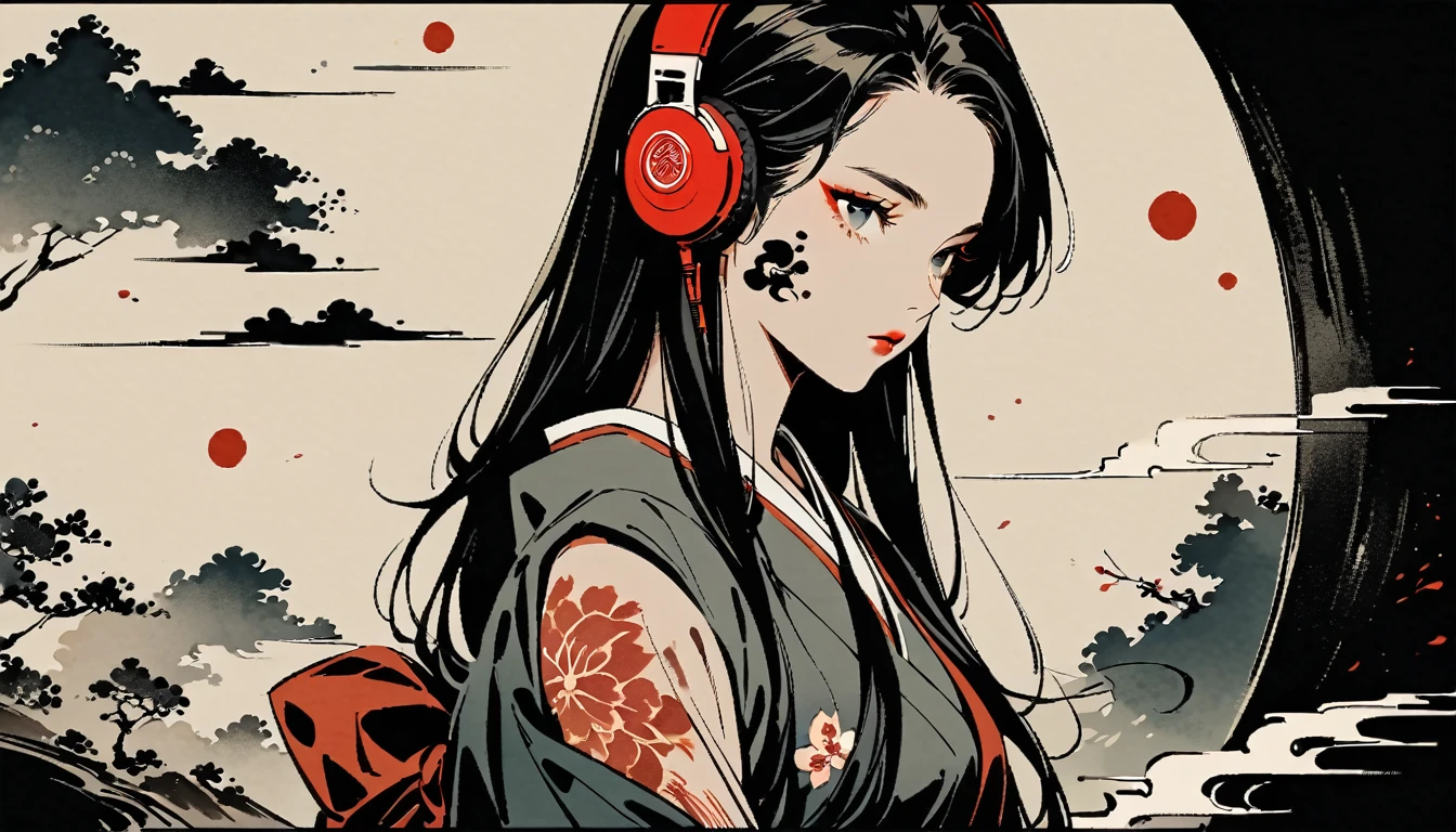 Ink Painting, (((1 girl))), (((Tattoo on face))), Japanese style headphones, beautiful girl, Black Hair, Delicate and precise, Modern ukiyo-e style, Darkness