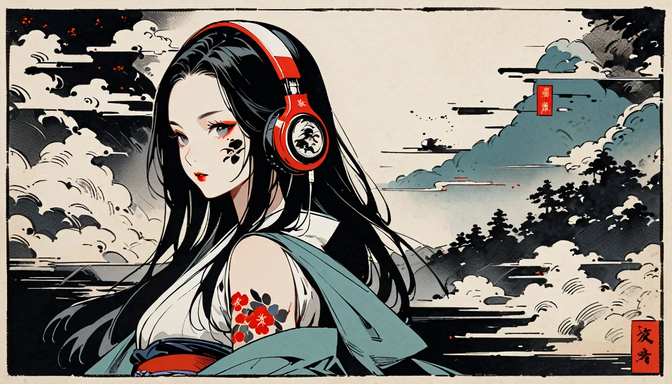 Ink Painting, (((1 girl))), (((Tattoo on face))), Japanese style headphones, beautiful girl, Black Hair, Delicate and precise, Modern ukiyo-e style, Darkness