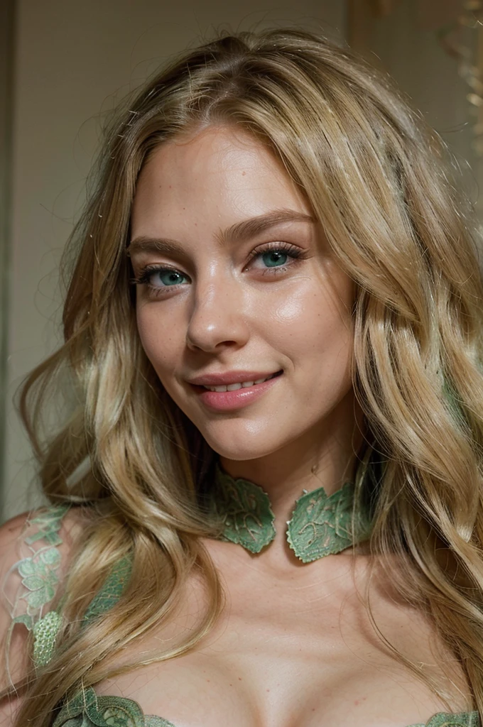 long distance shot, photorealistic, best quality, instagram model, (hyper detailed: 1.4), laying on the bed, wearing lingerie, ((long blonde hair, smile, green eyes)),Detailed eyes, beautiful european young woman, (Highly detailed face:1.4), exuding a natural glow, soft lightning, evening time, jaw-dropping beauty, mysterious, seductive, vivid colors, subtle shadows