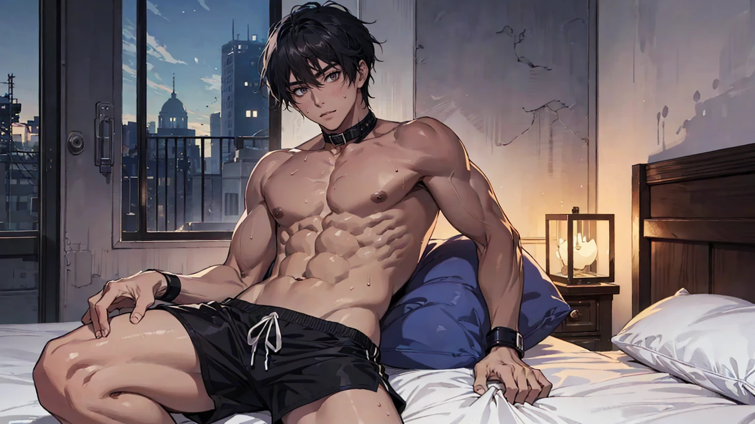 1 man, Handsome man, Fake laugh, Solitary, White skin, muscular, Muscle Man, High target, handsome guy, Big biceps, Abdominal muscles, thigh, Broad shoulders, Open the chest,, Black short hair,sweat, Sweaty hair, Shirtless, Sit on the bed and relax, Black shorts, Viewers Watching, high resolution:1.2, best quality, Upper body shooting, Flat style, Ambiguous room background, Low photographic angle, Volumetric Lighting, Depth of Field, shadow,Romantic environment