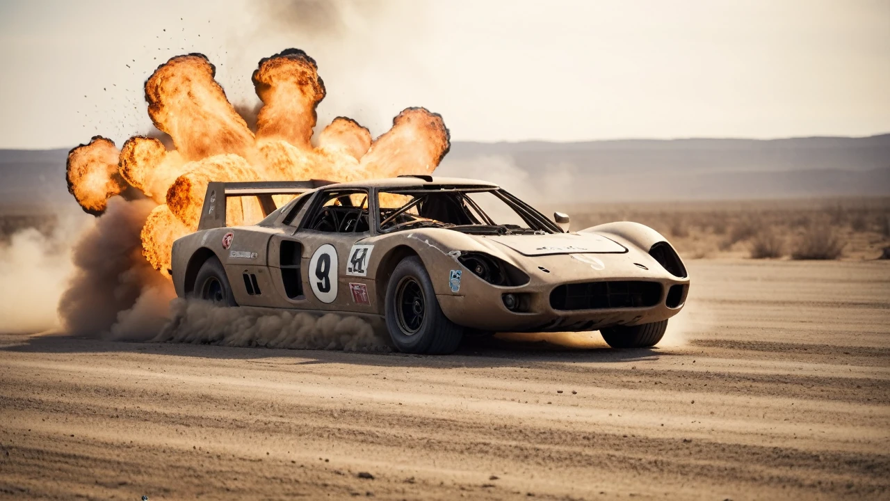 A futuristic race through a destroyed racing circuit after a nuclear explosion、Cinematic still image of a race car suffering a gas puncture。Sand Dust、Overtaking、Crash、Destruction and explosion、Flaming、Shallow depth of field、Vignette、Very detailed、High budget、Bokeh、CinemaScope、Moody、grow、gorgeous、Film Grain、granular、High Quality Photos、3-point lighting、flash with softbox、4K、Canon EOS R3、HDR、Smooth、Sharp Focus、High resolution、Award-winning photography、80mm、f2.8、Bokeh
、undefined