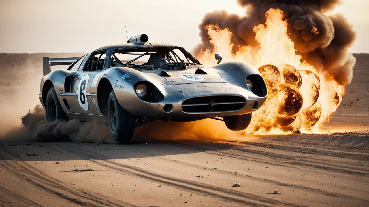 A futuristic race through a destroyed racing circuit after a nuclear explosion、Cinematic still image of a race car suffering a gas puncture。Sand Dust、Overtaking、Crash、Destruction and explosion、Flaming、Shallow depth of field、Vignette、Very detailed、High budget、Bokeh、CinemaScope、Moody、grow、gorgeous、Film Grain、granular、High Quality Photos、3-point lighting、flash with softbox、4K、Canon EOS R3、HDR、Smooth、Sharp Focus、High resolution、Award-winning photography、80mm、f2.8、Bokeh
、undefined